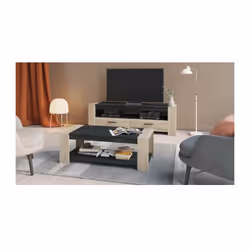 Banc TV SHEFFIELD en panneaux de particules 15 et 18 mm. De dimensions L.151.7 x P.43.3 x H.46.4 cm. Rangement : 2 tiroirs et ...