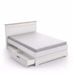 Lit adulte COTTAGE 140x190/200 cm - Mélamine blanc et décor chêne Kronberg - 2 Tiroirs- L 15340 x P 21470 x H 10220 cm -