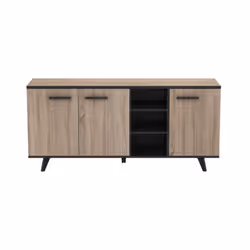 WAYNE Buffet bas - Structure en panneaux de particules décor chene brossé et noir mat - Style et design contemporain - 3 port ...