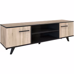 Table de télévision en chêne brossé et noir mat. Avec 2 armoires de part et d'autre du meuble et 2 compartiments ouverts dans ...