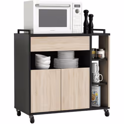 Meuble de cuisine auxiliaire pour micro-ondes en noir et chêne. Une alternative au plateau avec laquelle vous pourrez déplace ...