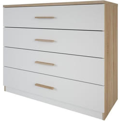 Commode de chambre contemporaine DEMEYERE - SELENA - décor chêne brossé et blanc perle - 4 tiroirs