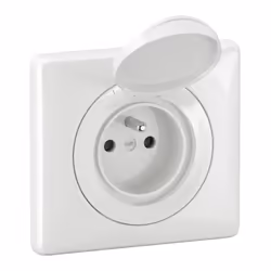 Prise 2P+T Céliane IP44 à bornes automatiques - livrée complète avec support, enjoliveur à volet Blanc IP44 et plaque Blanc I ...