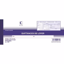 Carnet à souche - ELVE - QUITTANCES DE LOYER - 105 x 270 mm - 100 pages - Professionnel