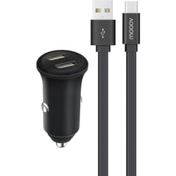 Mooov - Chargeur allume-cigares 2 usb-a 4,8A Fast Charge+câble usb-a/c - 100% plastique recyclé 1 m - noir
