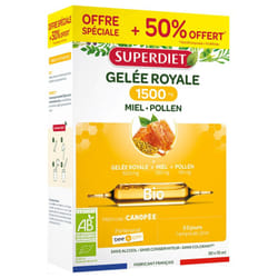 Superdiet Gelée Royale 1500 mg Miel Pollen Bio 20 Ampoules + 10 Ampoules Offertes