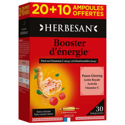 Herbesan Panax Ginseng CA Meyer Gelée Royale Vitamine C Acérola 20 Ampoules + 10 Ampoules Offertes