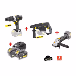 Ce pack FARTOOLS X-FIT contient 3 machines : une perceuse-visseuse 18 V 40 Nm avec 2 batteries 18 V 3,0 Ah et un chargeur rap ...
