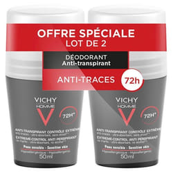 Vichy Homme Déodorant Anti-Transpirant 72H Contrôle Extrême Roll-On Lot de 2 x 50 ml