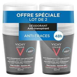 Vichy Homme Déodorant Anti-Transpirant Anti-Irritations 48H Roll-On Lot de 2 x 50 ml