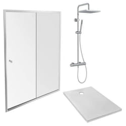 Receveur douche Ipso, 140 x 90 cm + paroi coulissante + colonne douche Brigitte