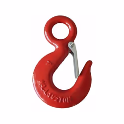 Crochet à œil avec linguet de sécurité, en acier allié peint en rouge.Marquage : CE, CMU, fabricantCoefficient de sécurité :  ...