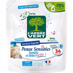 LArbre Vert - Recharge Lessive Peaux Sensibles Famille Et Bébé Aussi ! - Hypoallergénique - 34 Lavages - 153L