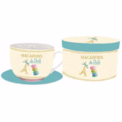 Ensemble petit déjeuner Paris Macarons Dim de la tasse : Hauteur : 8 cm diamètre : 10.5 cm Diamètre de la sous tasse : 15.5 c ...