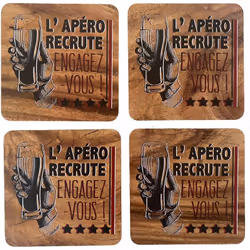 4 sous verres L'Apéro recrute Bois et liège Dim : 10 x 10 cm Livrés en boite cadeau