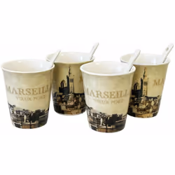 Coffret de 4 Gobelets Expresso en céramique Marseille En céramique sérigraphiée Ce set contient 4 Gobelets et 4 Cuillères. Di ...