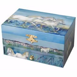 Boite à bijoux musicale Chevaux Blancs Phosphorescente Une petite figurine cheval tourne Un tiroirs + rangements bijoux Fonct ...