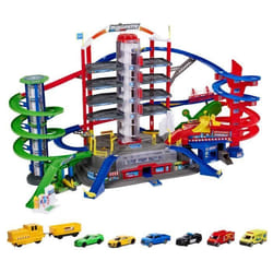 Majorette - Super city garage - 2 niveaux - Sons et lumières - 6 véhicules métal + 1 train - 128 x 78 x 73 cm