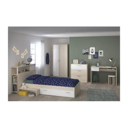 Charlemagne Chambre enfant complete - Tete de lit + lit + commode + armoire + bureau - contemporain - Decor acacia clair et blan