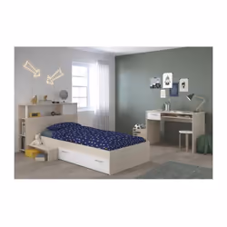 Description générale Cette chambre complète pour enfant comprend une tête de lit, un lit avec un tiroir et un bureau. Fabriqu ...