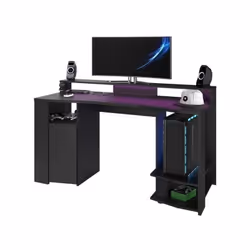 Bureau Gaming avec une large zone de jeu, une réhausse pour écrans, un espace ouvert pour unité centrale, LED avec télécomman ...