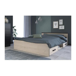 Lit avec rangements 140 x 190 cm - 2 tiroirs et 1 niche - Coloris : Naturel - pablo
