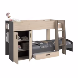 Lits superposés enfant avec mutiples rangements comprenant 1 chevet, 1 armoire , 1 penderie et 1 tiroir de rangement - Struct ...