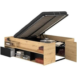 ODYSSEE Lit coffre adulte - 140x190 / 200 cm - Avec coffre relevable - Décor chêne et noir - 1662 x 665 x 2058 cm