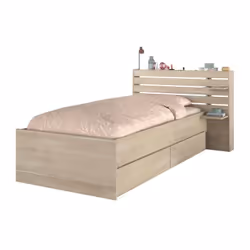 ESCALE Lit avec tete de lit 4'bandeaux style palette, 2 tablettes et 2 tiroirs de rangements - Structure en panneaux de parti ...