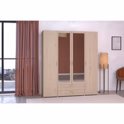 Armoire VARIA - Décor chêne - 4 portes - 2 tiroirs - Portes centrales avec miroirs - 1599 x 185 x 517