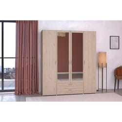 Armoire VARIA - Décor chêne - 4 portes - 2 tiroirs - Portes centrales avec miroirs - 1599 x 185 x 517