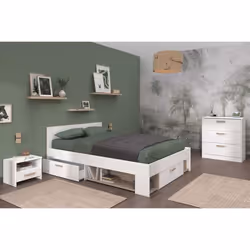 Chambre complète adulte DREAM : Lit 140x190/200 cm + 2 chevets + commode - Décor blanc et chêne - PARISOT