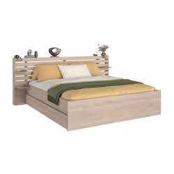 ESCALE Lit adulte avec tete de lit 5 'bandeaux' style palette, 2 tablettes hautes réversibles au montage chene ou blanc, 2 ta ...