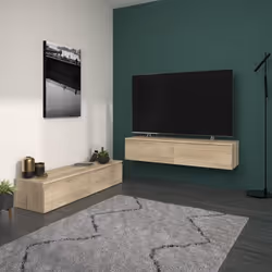 Meuble TV 2 tiroirs à suspendre ou à poser - LEVIATHAN - Décor Chêne - 1385 x 40 x 29 cm - PARISOT
