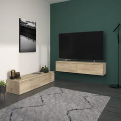 Meuble TV 2 tiroirs à suspendre ou à poser - LEVIATHAN - Décor Chêne - 1385 x 40 x 29 cm - PARISOT