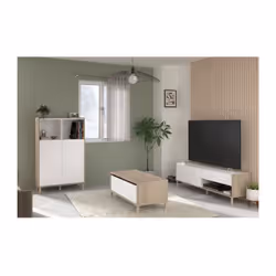 Ensemble meuble de salon - Meuble tv, table basse relevable, bahut haut - morphos - Décor blanc / Chene Parisot