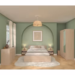 Chambre complete adulte VARIA - Lit 140x190/200 + 2 chevets +1 commode, 1 armoire avec miroir - Décor Chene - PARISOT