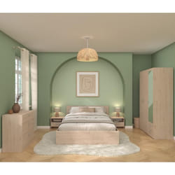 Chambre complete adulte VARIA - Lit 140x190/200 + 2 chevets +1 commode, 1 armoire avec miroir - Décor Chene - PARISOT