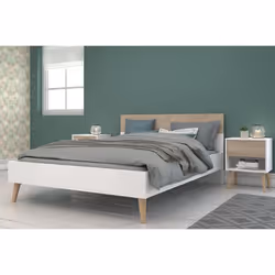Ensemble Lit 140 x 190 cm + 2 chevets - AALBORG - Scandinave - Blanc / Chêne - PARISOT