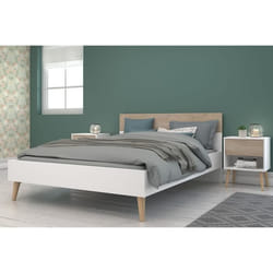 Ensemble Lit 140 x 190 cm + 2 chevets - AALBORG - Scandinave - Blanc / Chêne - PARISOT