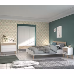 Chambre complète - AALBORG - Scandinave - Blanc / Chêne - Lit 140 x 190 cm 2 chevets commode armoire - PARISOT