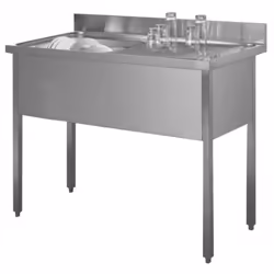 PLONGES EMBOUTIES • Dessus inox 18/10 embouti• Epaisseur 10/10• Bord antiruissellement sur 3 côtés• Egouttoir cannelé non pen ...