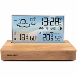 Réveil station météo - THOMSON - Bois clair - Affichage température Hygrométrie Double alarme USB-C Sonde sans fil