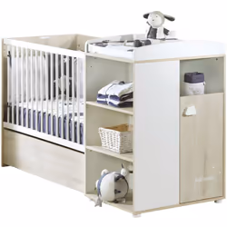 Description générale Lit bébé combiné 120x60 évolutif en lit junior de 90x190 cm, en Hêtre Cendré et blanc. Décoré avec des b ...