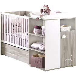 Description générale Lit bébé combiné 120x60 cm évolutif en 90x190 cm, en Chêne Silex, avec boutons nuage et décor "Just Smil ...