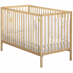 Lit bébé 120x60 bois vernis naturel FIRST Lit bébé 120x60 à barreaux et sommier à lattes idéal pour la chambre de bébé. Son s ...