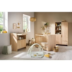 Sauthon - Chambre Bébé Trio Azur - Lit 120x60 + Commode A Langer 3 Tiroirs + Armoire 2 Portes Chene Doré