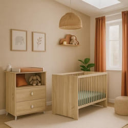 Chambre bébé duo MONTANA - Lit 120x60 + Commode à langer 2 tiroirs décor chêne doré - SAUTHON
