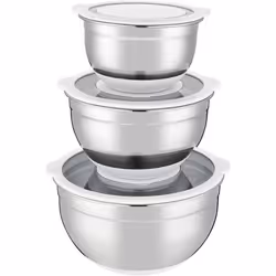 Set de saladiers - ARTHUR MARTIN - AM486 - 16-20-24 cm - Couvercles hermétiques - Acier inoxydable - Fond en silicone anti-dé ...