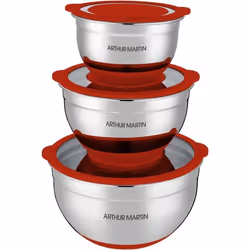 Set de saladiers - ARTHUR MARTIN - AM032 - 16-20-24 cm - Couvercles hermétiques - Acier inoxydable - Fond en silicone anti-dé ...